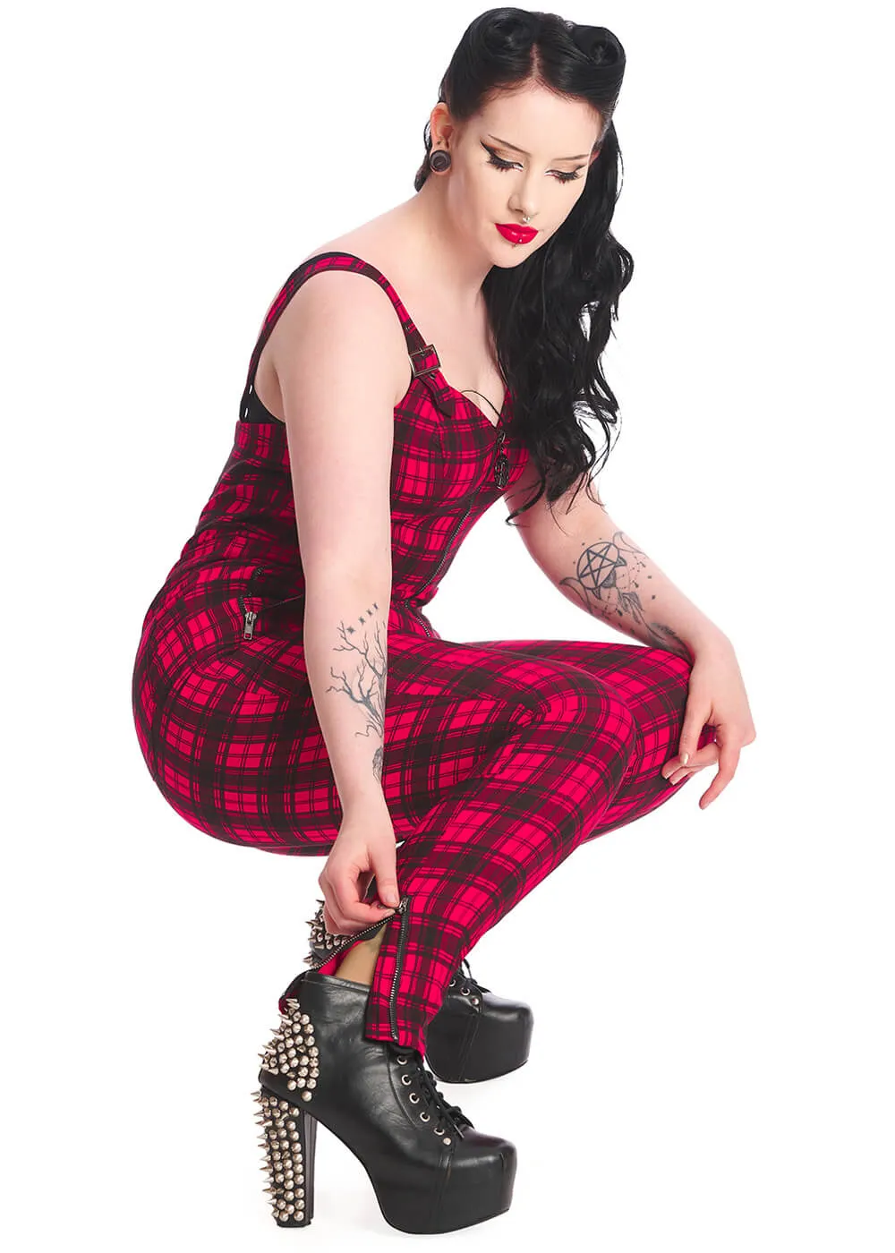 Banned Lenore Tartan 80's Jumpsuit Red