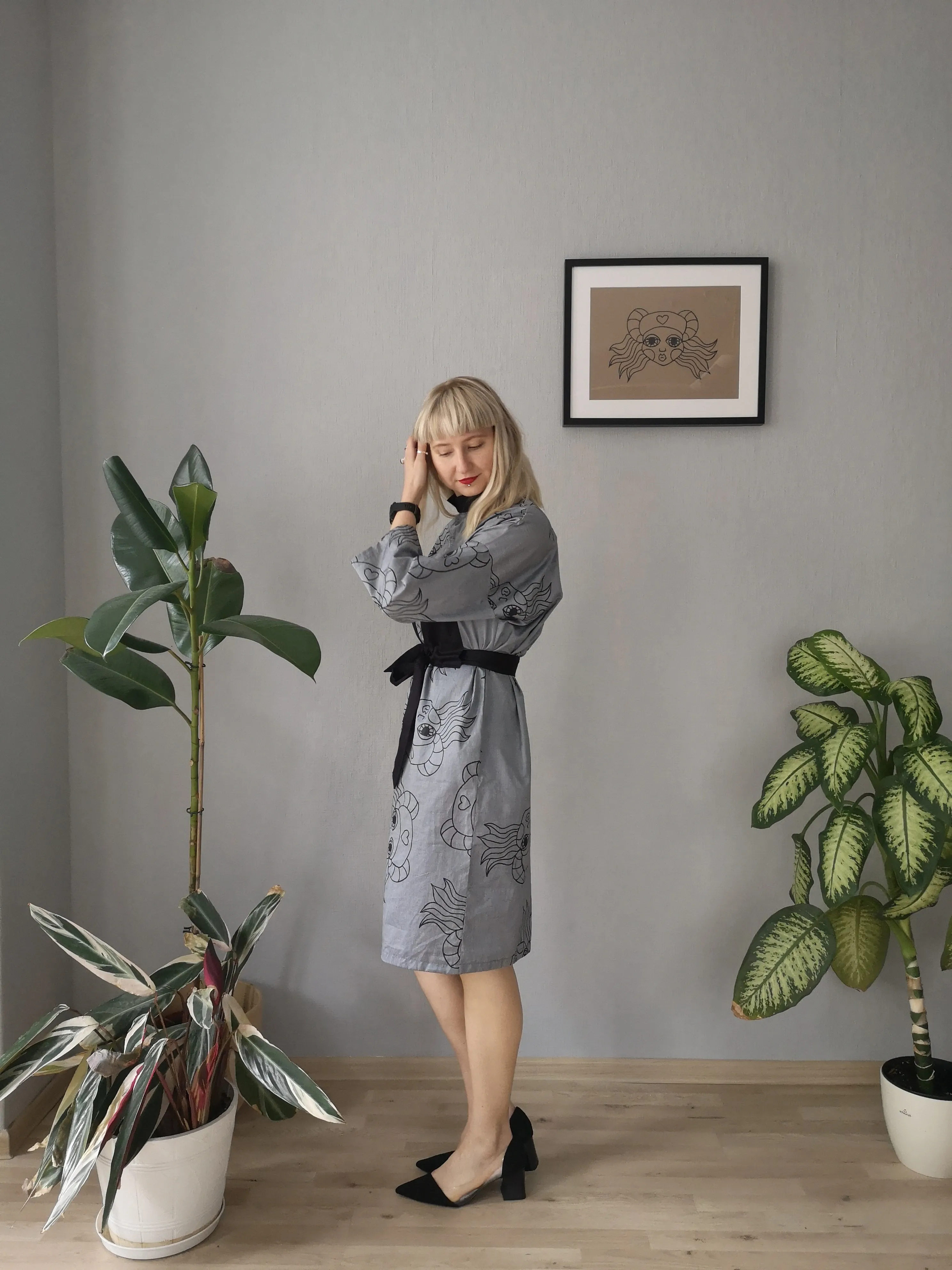 Beautiful, Comfortable, Versatile Oversized Shirt Dress "Bell Hooks" made in Grey Lāčplēsene patterned Cotton fabric. 