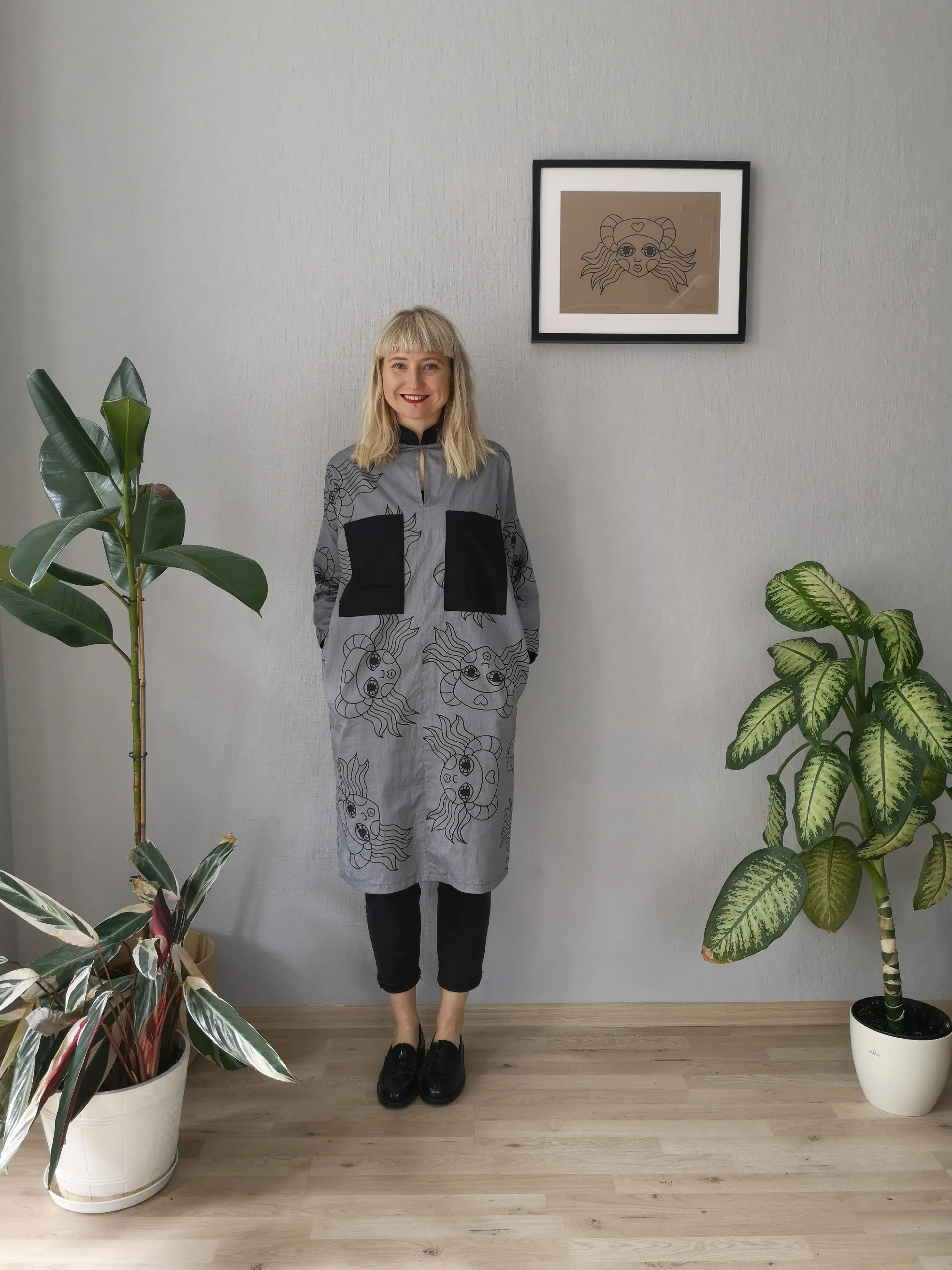 Beautiful, Comfortable, Versatile Oversized Shirt Dress "Bell Hooks" made in Grey Lāčplēsene patterned Cotton fabric. 