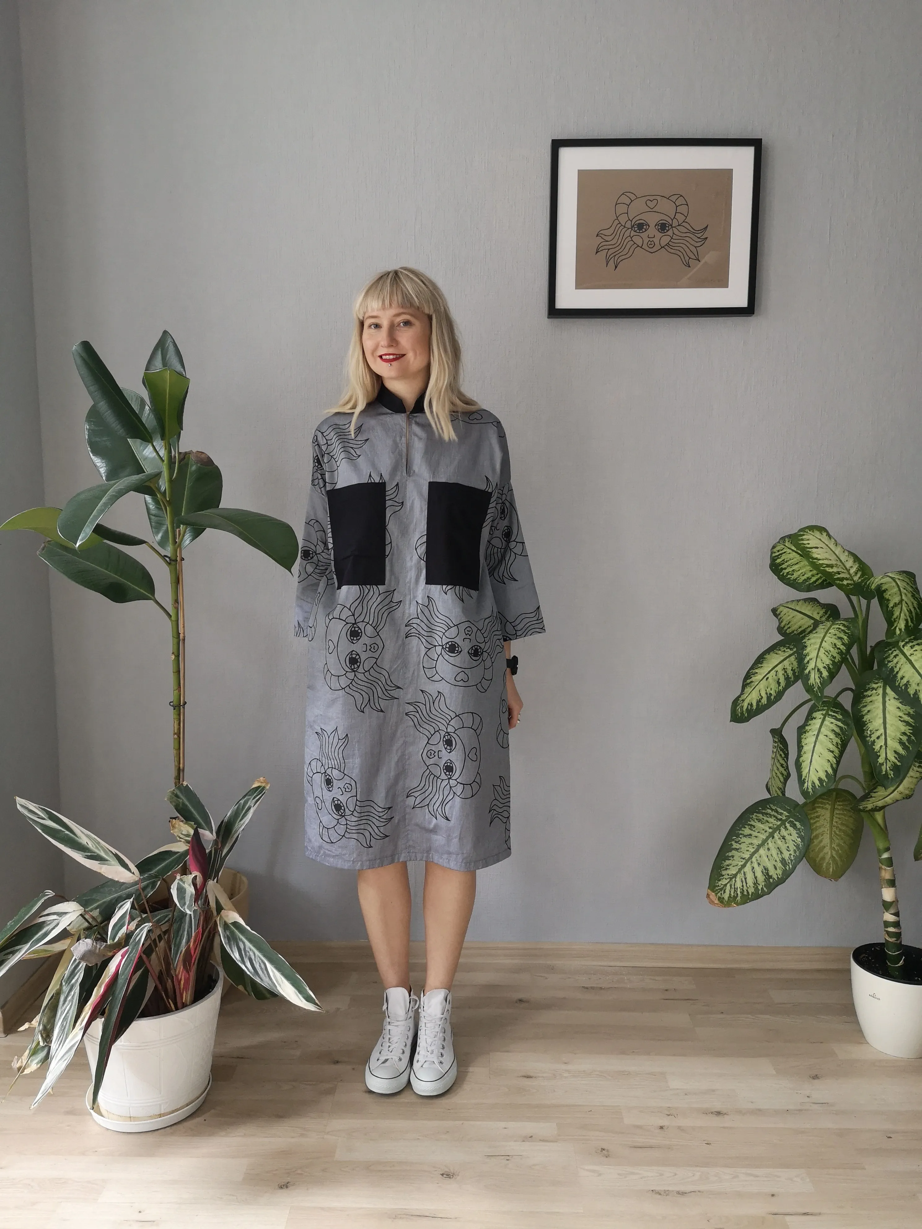 Beautiful, Comfortable, Versatile Oversized Shirt Dress "Bell Hooks" made in Grey Lāčplēsene patterned Cotton fabric. 