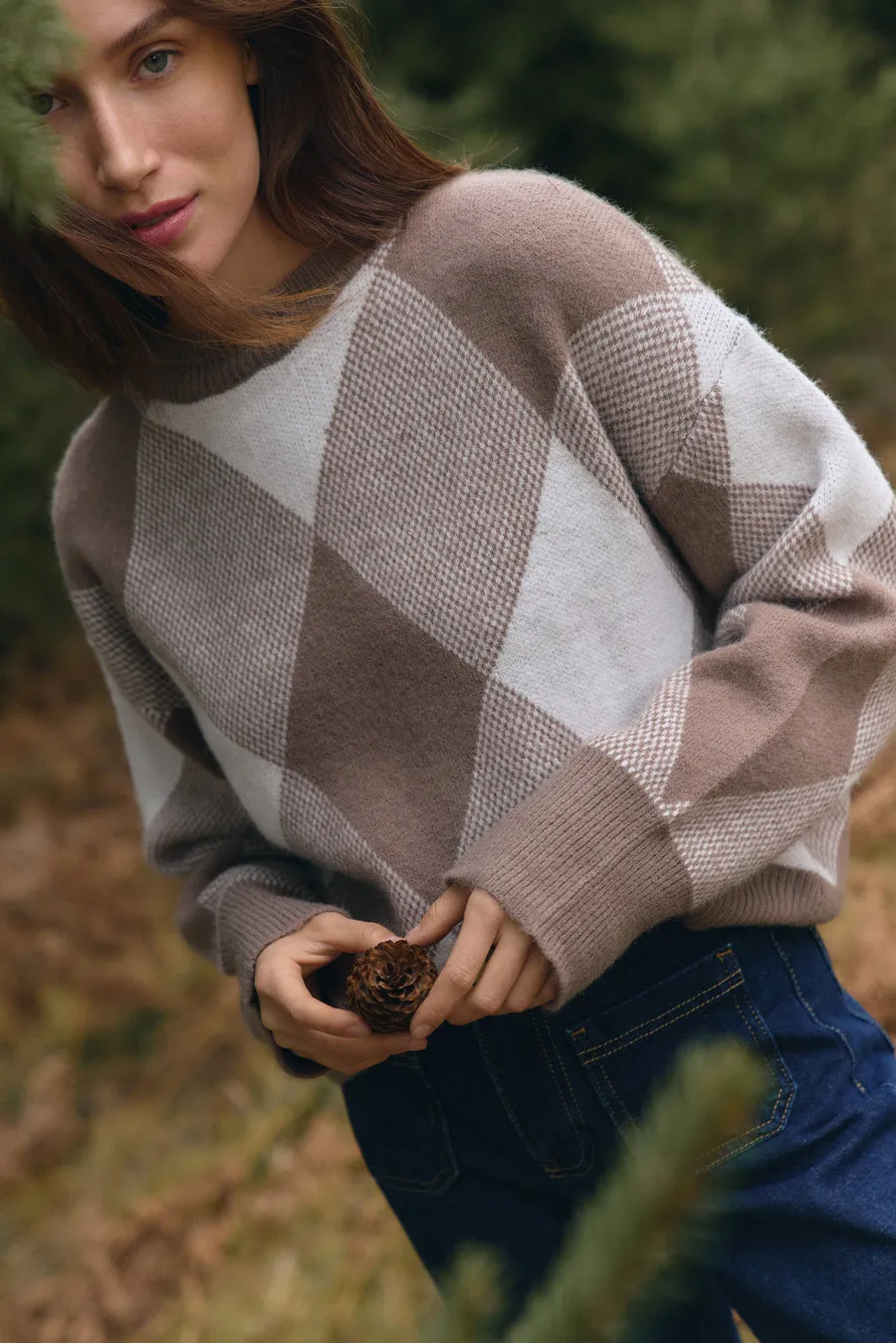 Beige Diamond Pattern Knit Sweater