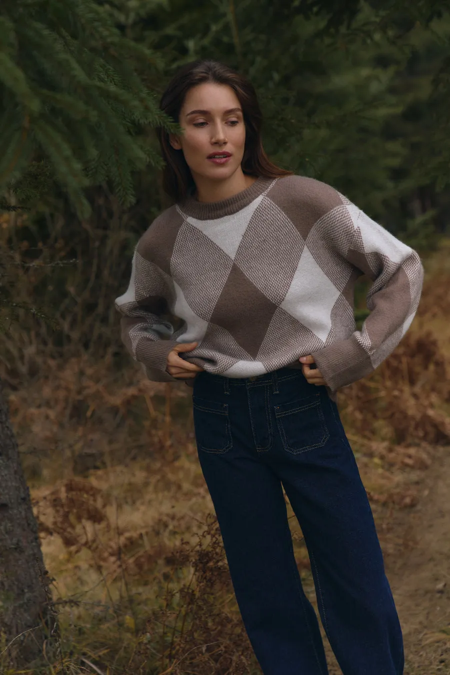 Beige Diamond Pattern Knit Sweater