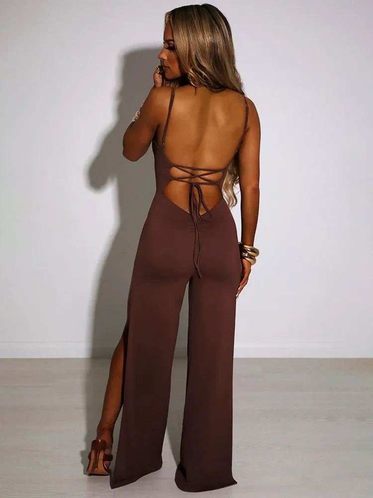 BerriesJam - Backless High Slit Bandage Spaghetti Strap Jumpsuit