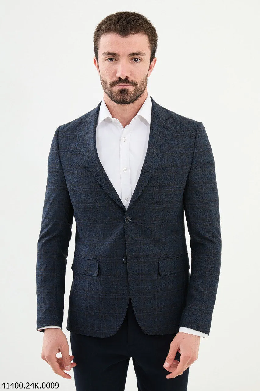 Bojoni Belmonte Slim Fit  Navy Blue Plaid  Blazer