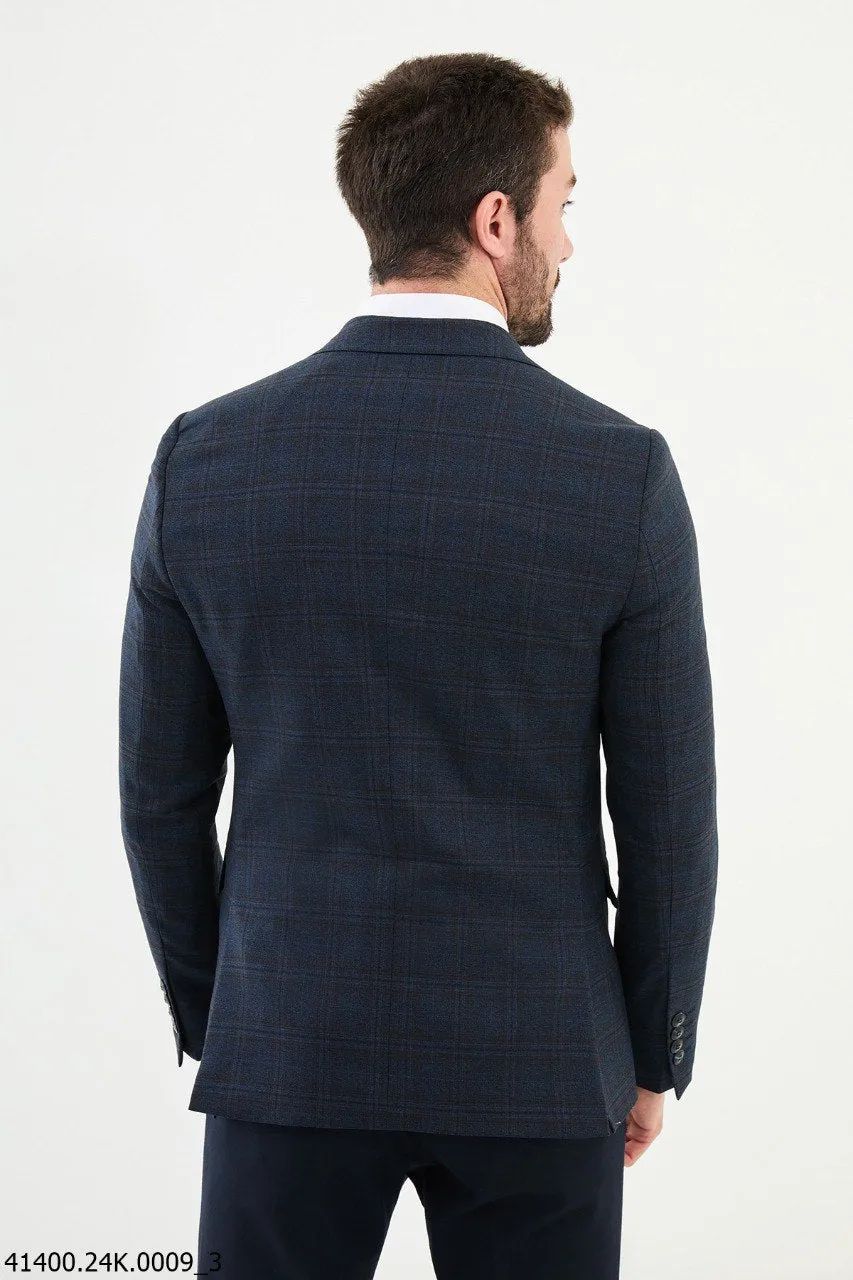 Bojoni Belmonte Slim Fit  Navy Blue Plaid  Blazer