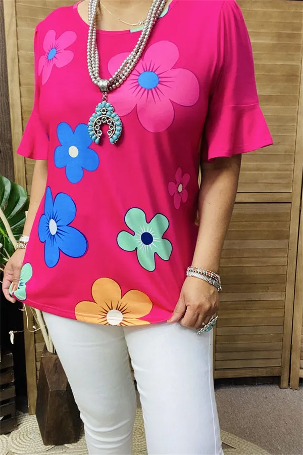 BQ15603 Sunflower mint&blue multi color printed short sleeve fuchsia women tops