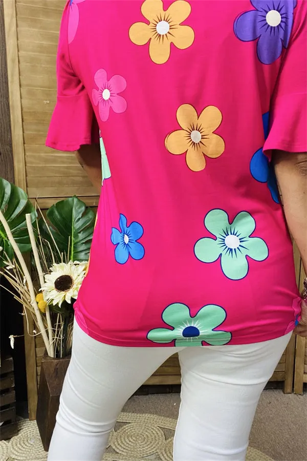 BQ15603 Sunflower mint&blue multi color printed short sleeve fuchsia women tops