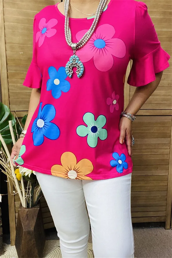 BQ15603 Sunflower mint&blue multi color printed short sleeve fuchsia women tops