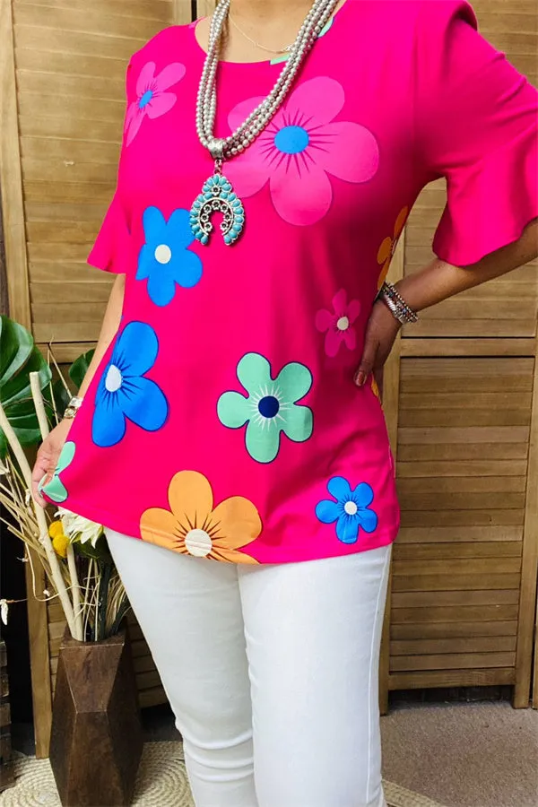 BQ15603 Sunflower mint&blue multi color printed short sleeve fuchsia women tops