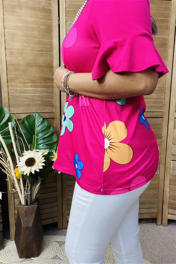 BQ15603 Sunflower mint&blue multi color printed short sleeve fuchsia women tops