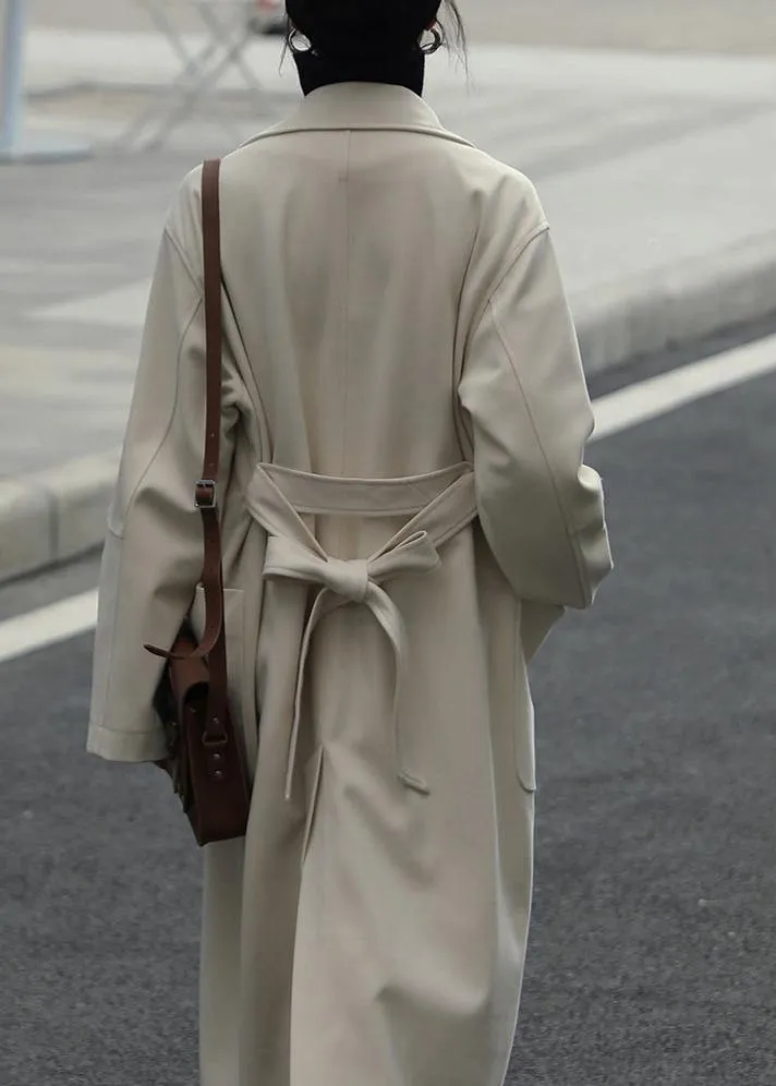 casual long jackets coats nude Notched tie waist Woolen Coat Women