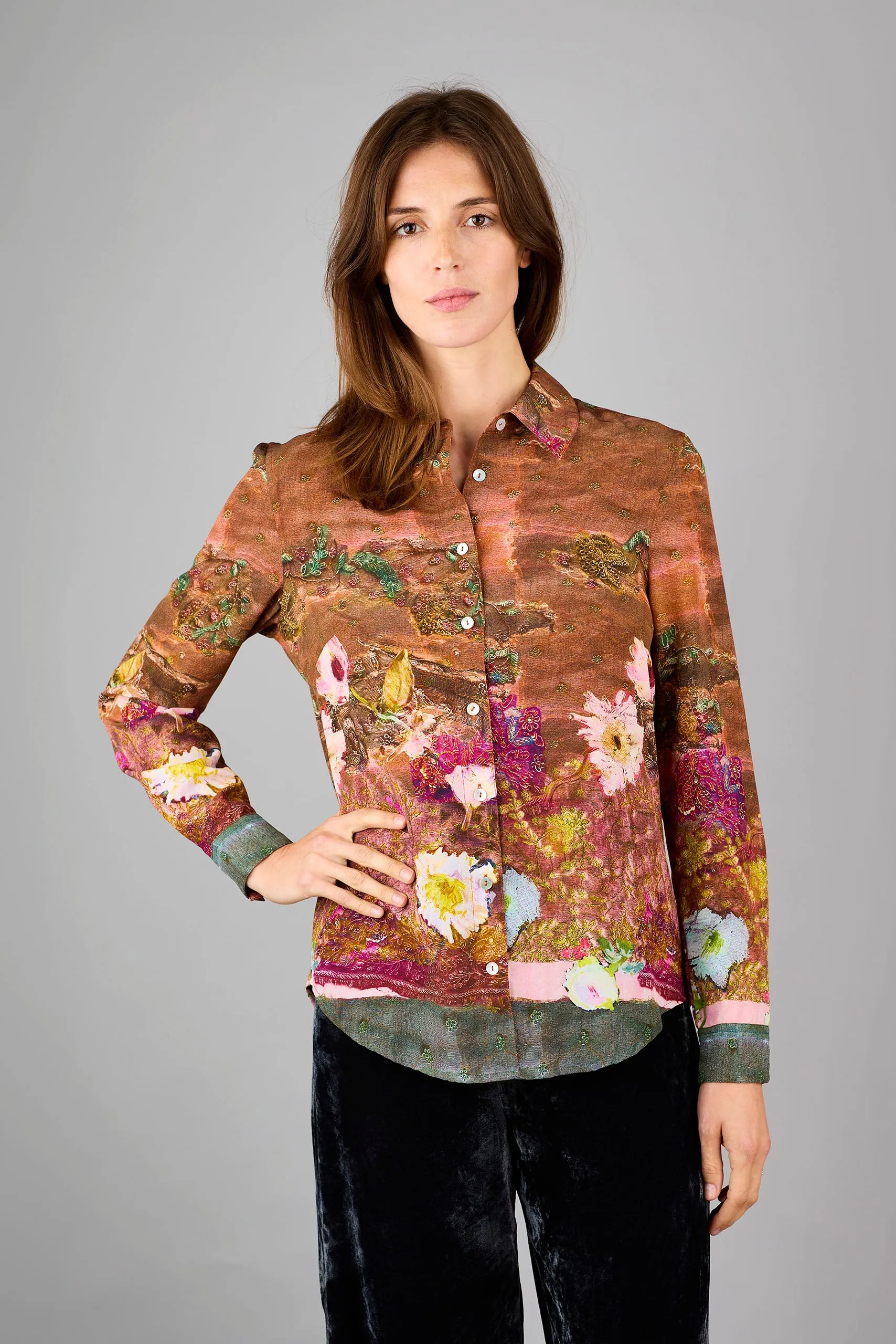 Concordia Heirloom Rust/Green Silk Crepe de Chine Shirt