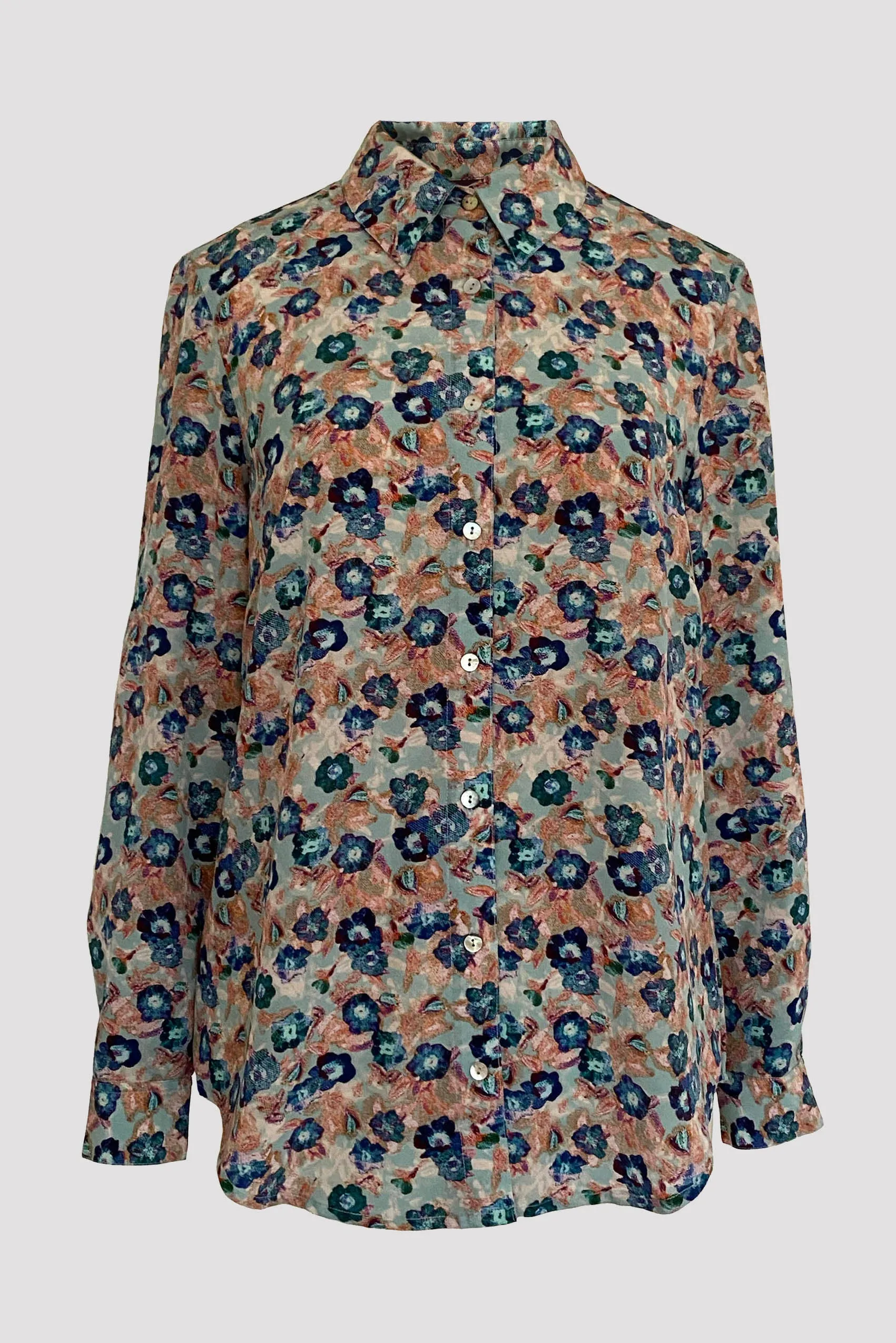 Concordia Primula Blue/Taupe Silk Crepe de Chine Shirt