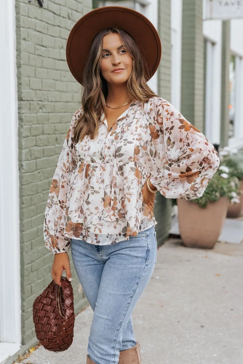 Cream Fall Floral Print Blouse - FINAL SALE