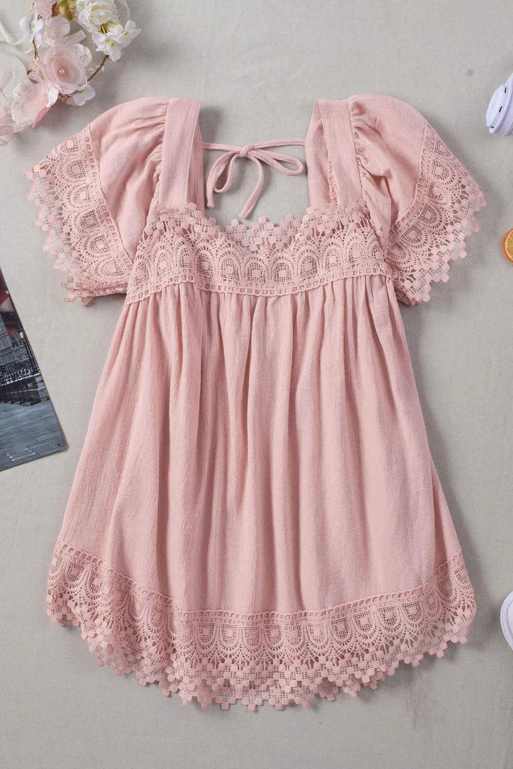 Cute Pink Lace Square Neck Blouse