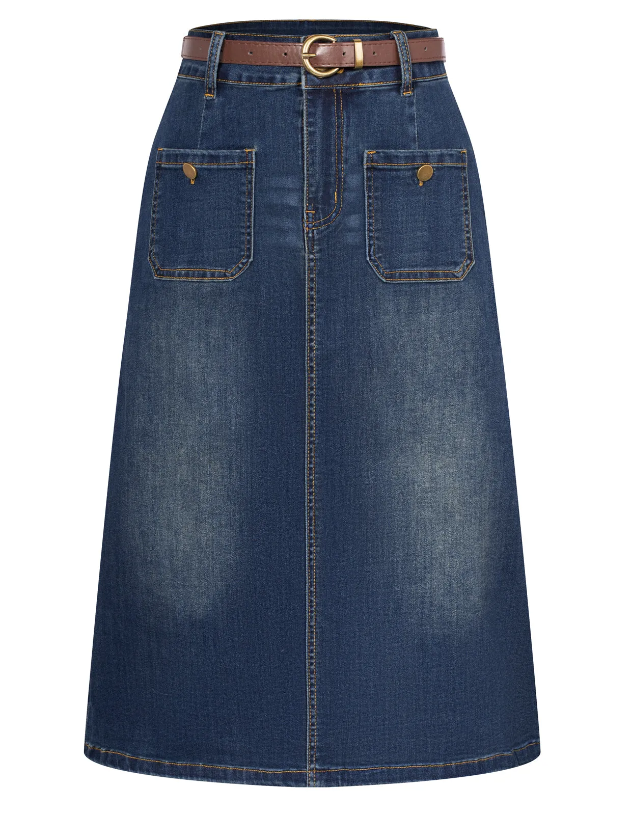 Denim Skirt with Belt Knee Length High Waisted Jean Skirts for Women