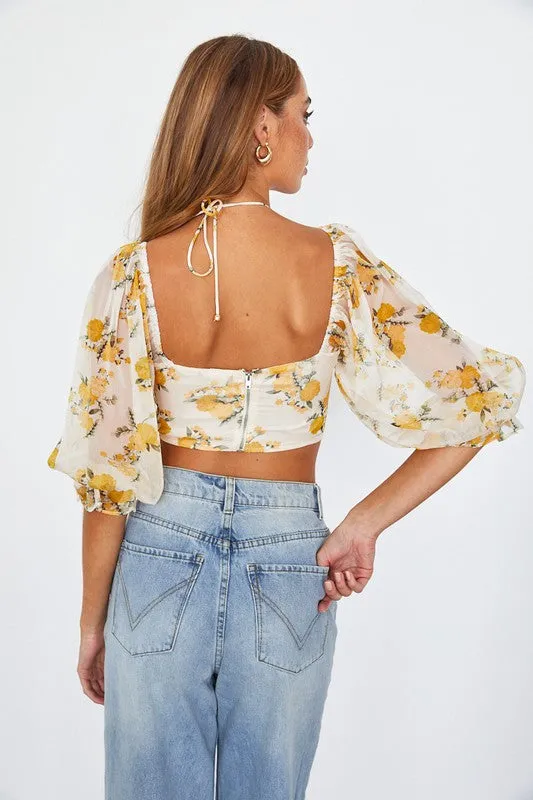 Floral Print Chiffon Balloon Sleeved Bustier Crop Top