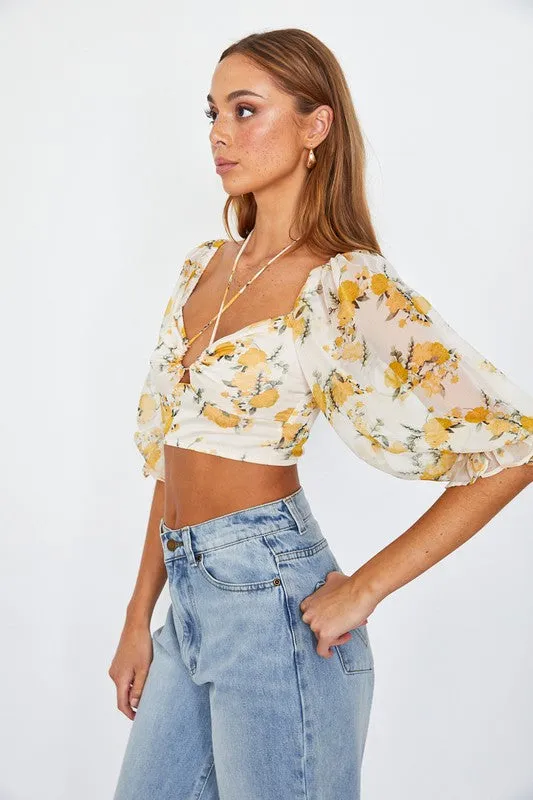 Floral Print Chiffon Balloon Sleeved Bustier Crop Top