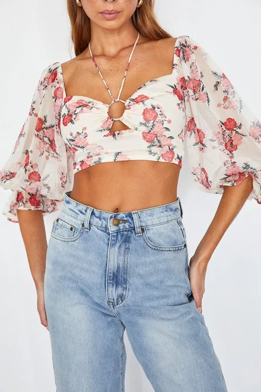 Floral Print Chiffon Balloon Sleeved Bustier Crop Top