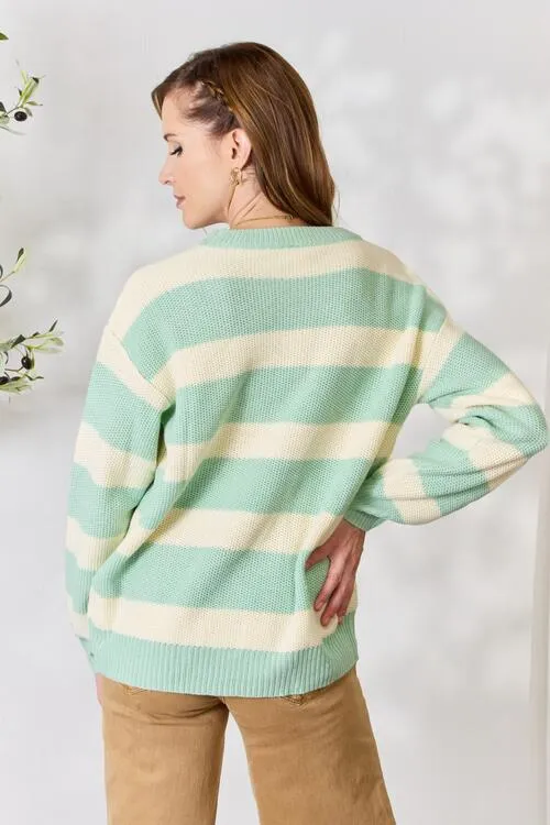 Full Size Contrast Striped Round Neck Sweater