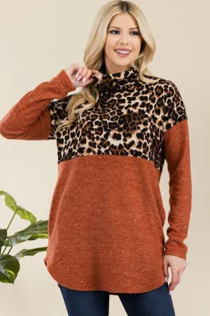 Full Size Curved Hem Leopard Turtleneck Long Sleeve Blouse