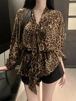 Girlary Chic Leopard Fashion Blouses Women Vintage 2024 Daily Sexy Autumn New Slim Casual Work Wear Elegant Daily Full Sleeve