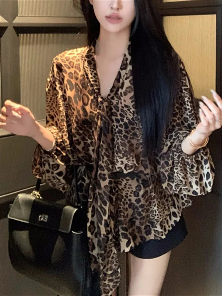 Girlary Chic Leopard Fashion Blouses Women Vintage 2024 Daily Sexy Autumn New Slim Casual Work Wear Elegant Daily Full Sleeve