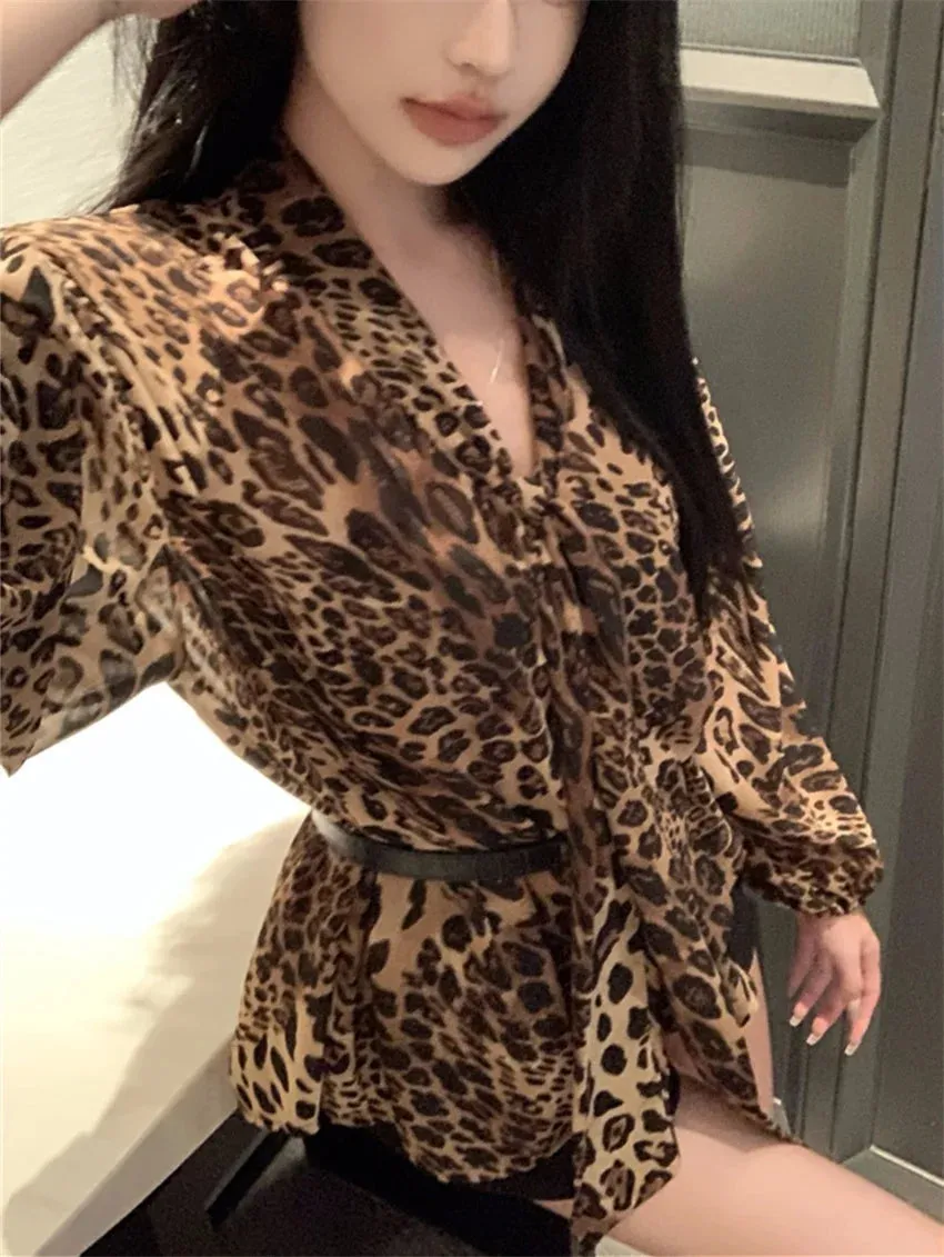 Girlary Chic Leopard Fashion Blouses Women Vintage 2024 Daily Sexy Autumn New Slim Casual Work Wear Elegant Daily Full Sleeve