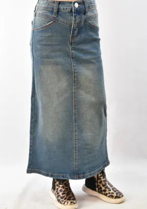 Girl's Stonewash Long Denim Maxi Skirt medium Light  Blue