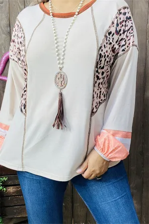 GJQ15315 Side leopard printed outside sewing design beige solid long sleeve women tops