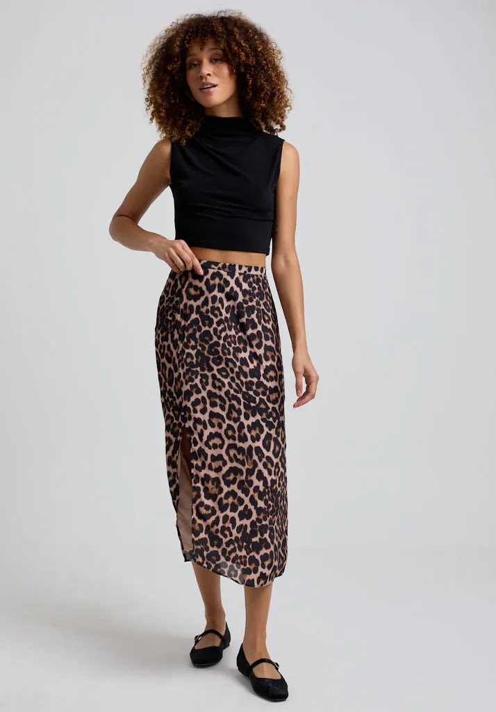 Grace Side Slit Big Cat Print Midi Skirt In Brown