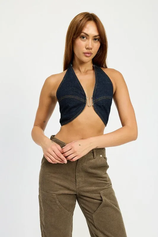 Hot Girl Daring Dreamer Cropped Halter Denim Top