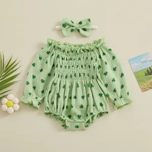 Infant Girls Romper Long Sleeve 100% Cotton, Cute Clover Print Baby Jumpsuits with Hairband