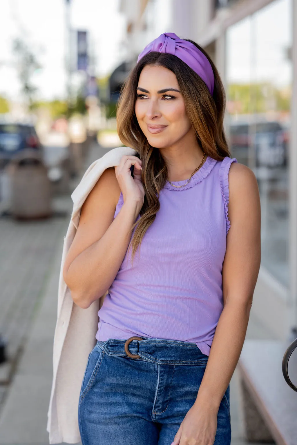 Lightly Ribbed Ruched Ruffle Trim Tank