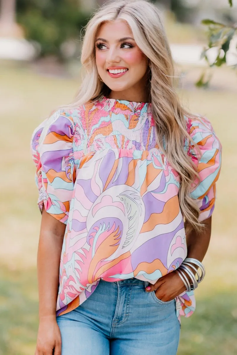 Lilac Abstract Bubble Sleeve Blouse