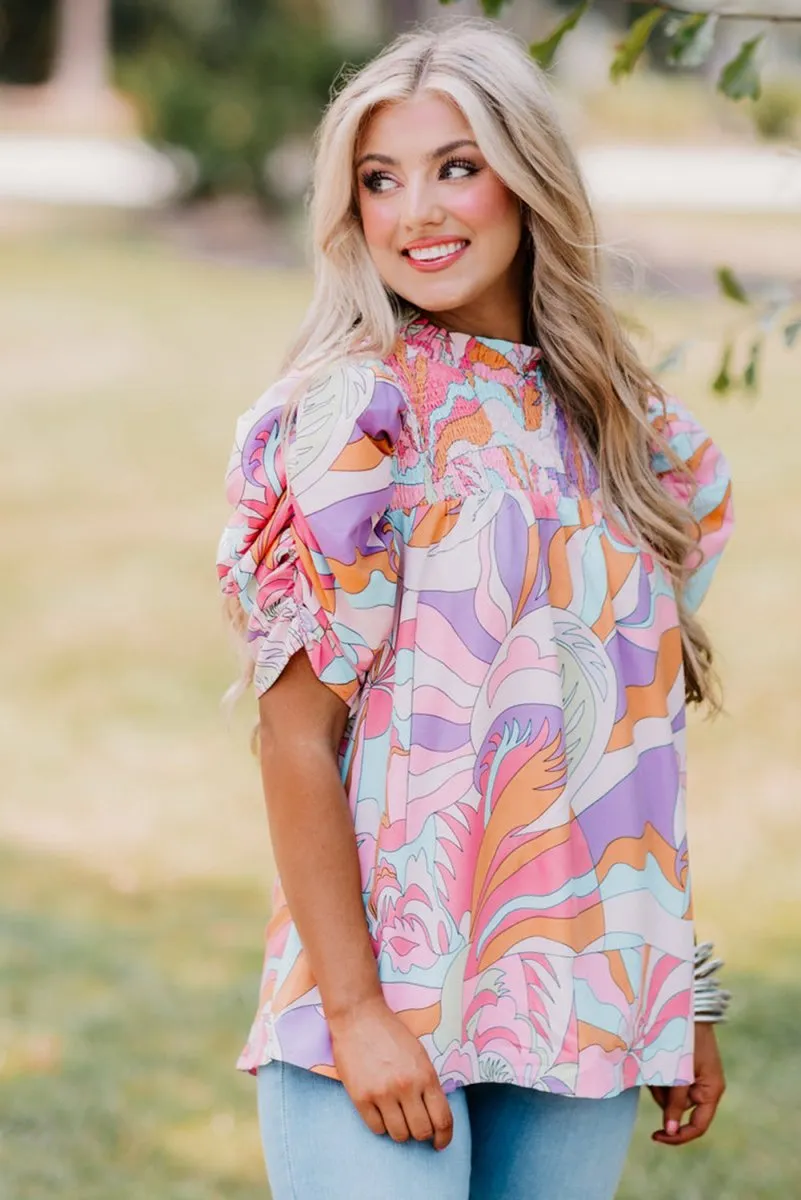 Lilac Abstract Bubble Sleeve Blouse