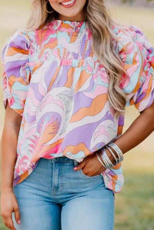 Lilac Abstract Bubble Sleeve Blouse