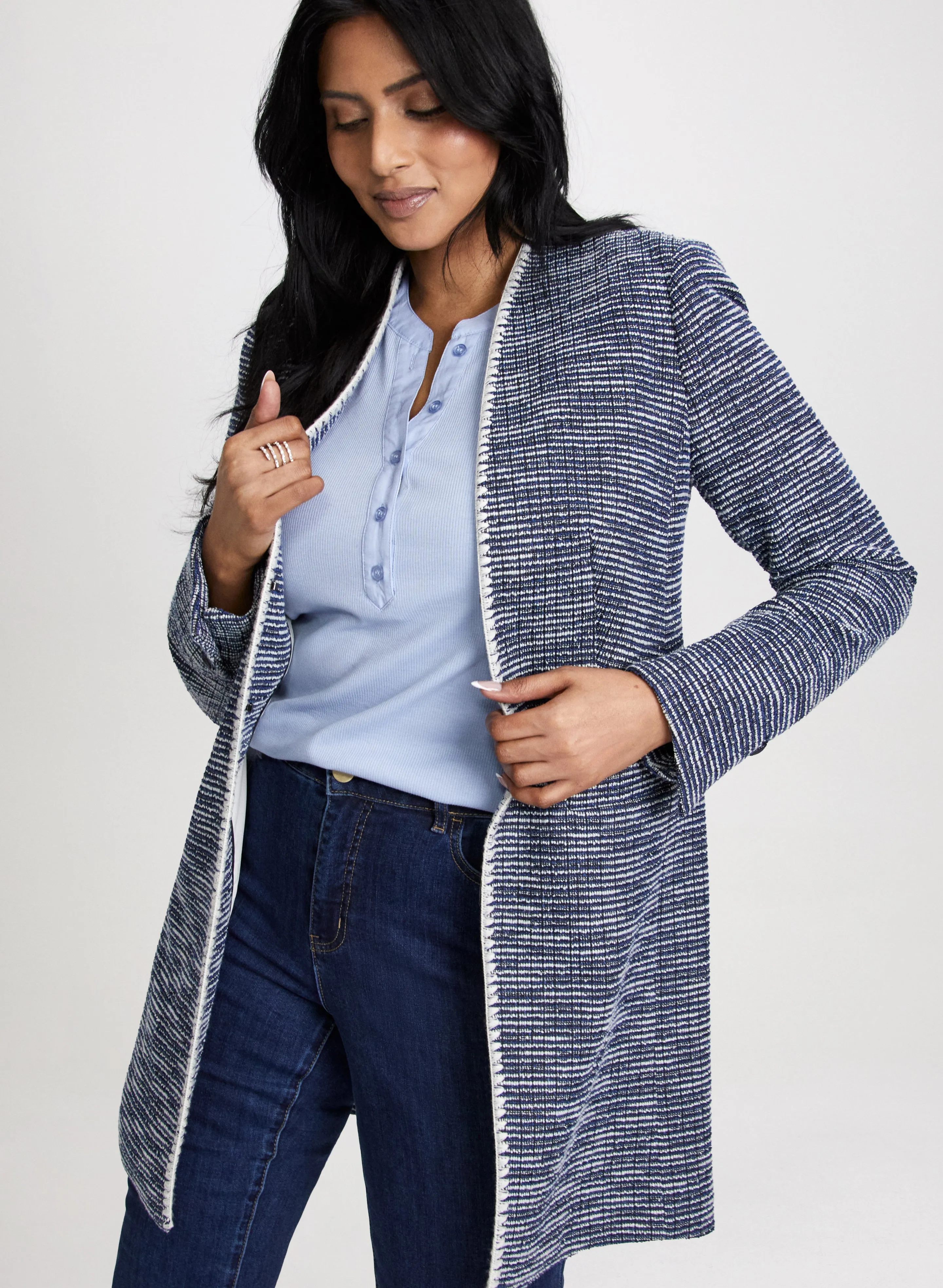 Long Contrasting Trim Bouclé Jacket