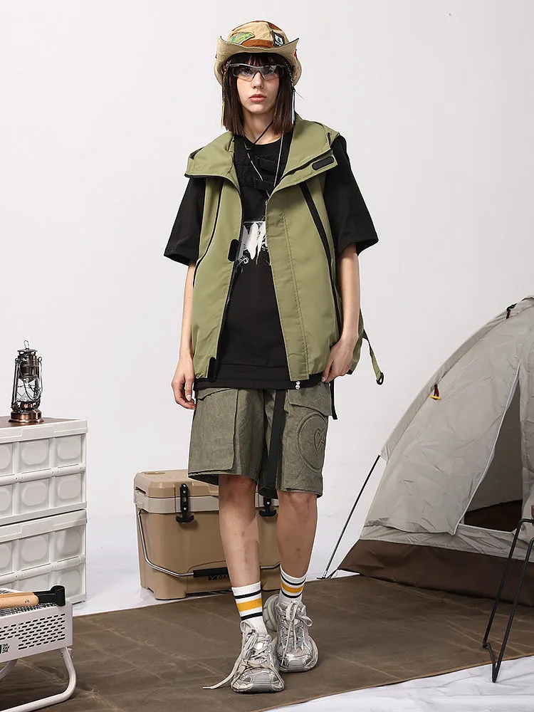 Meichao Mountain system waterproof woven fabric letter printed color stripes elastic rope clip hooded vest