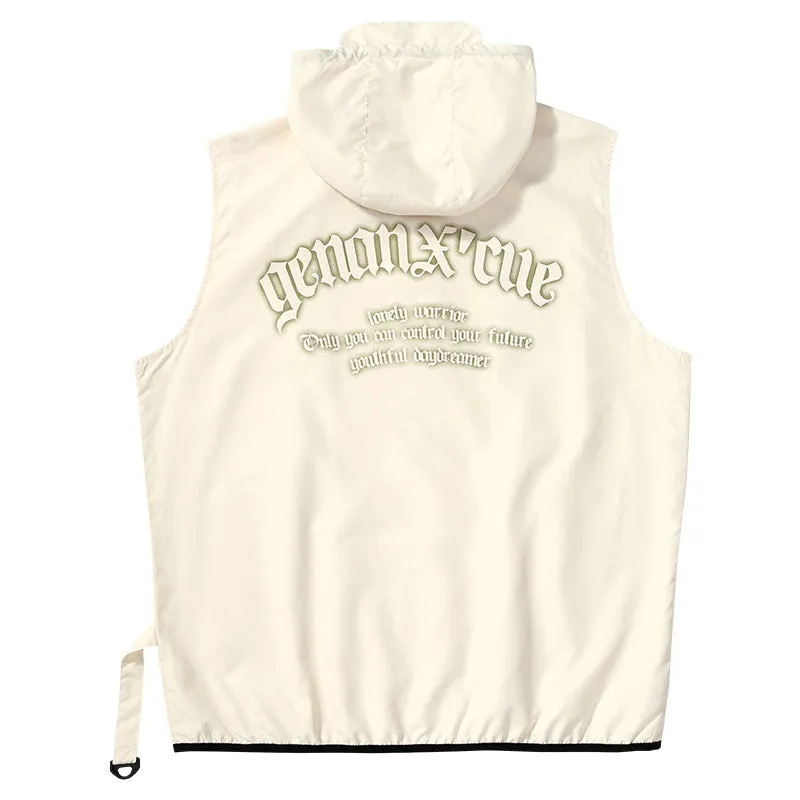 Meichao Mountain system waterproof woven fabric letter printed color stripes elastic rope clip hooded vest