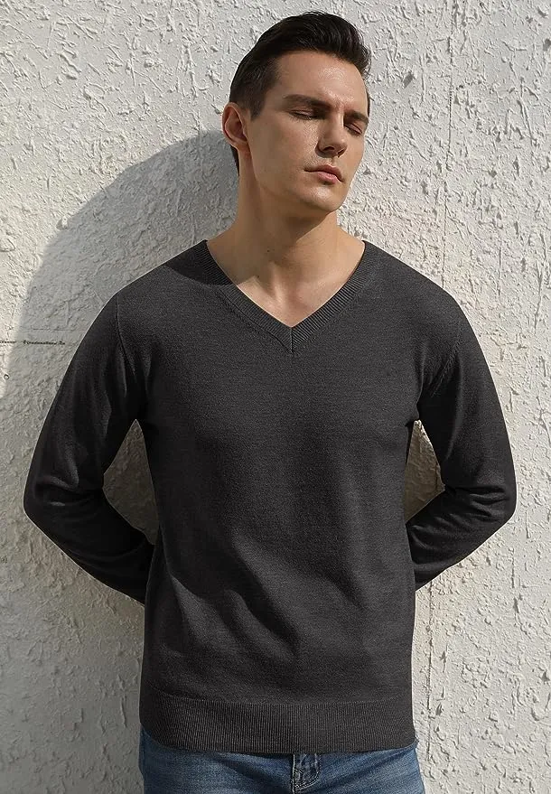 Men's V-Neck Casual Sweater Structured Knit Pullover - Grey