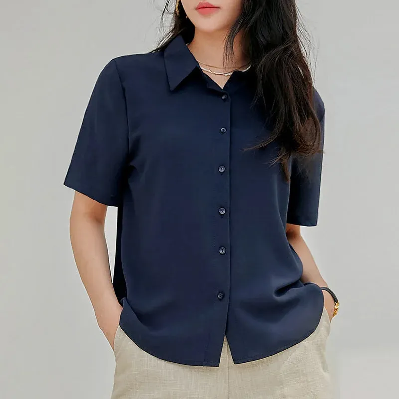 New Women'S Summer Lapel Short Sleeved Slimming Casual Versatile Shirt Female Comfortable Thin Fashionable Professional Top