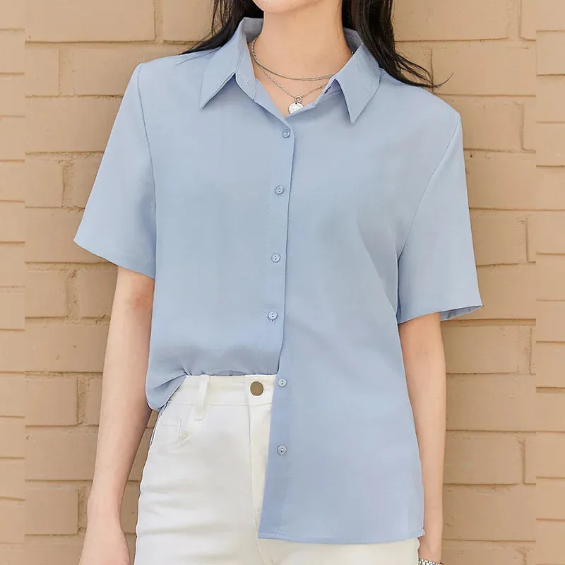 New Women'S Summer Lapel Short Sleeved Slimming Casual Versatile Shirt Female Comfortable Thin Fashionable Professional Top