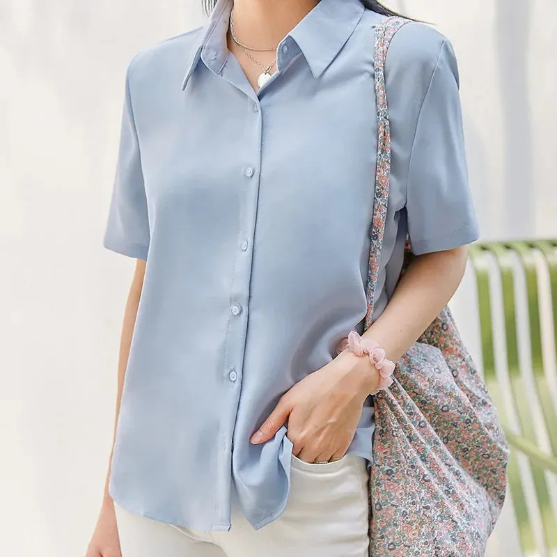 New Women'S Summer Lapel Short Sleeved Slimming Casual Versatile Shirt Female Comfortable Thin Fashionable Professional Top