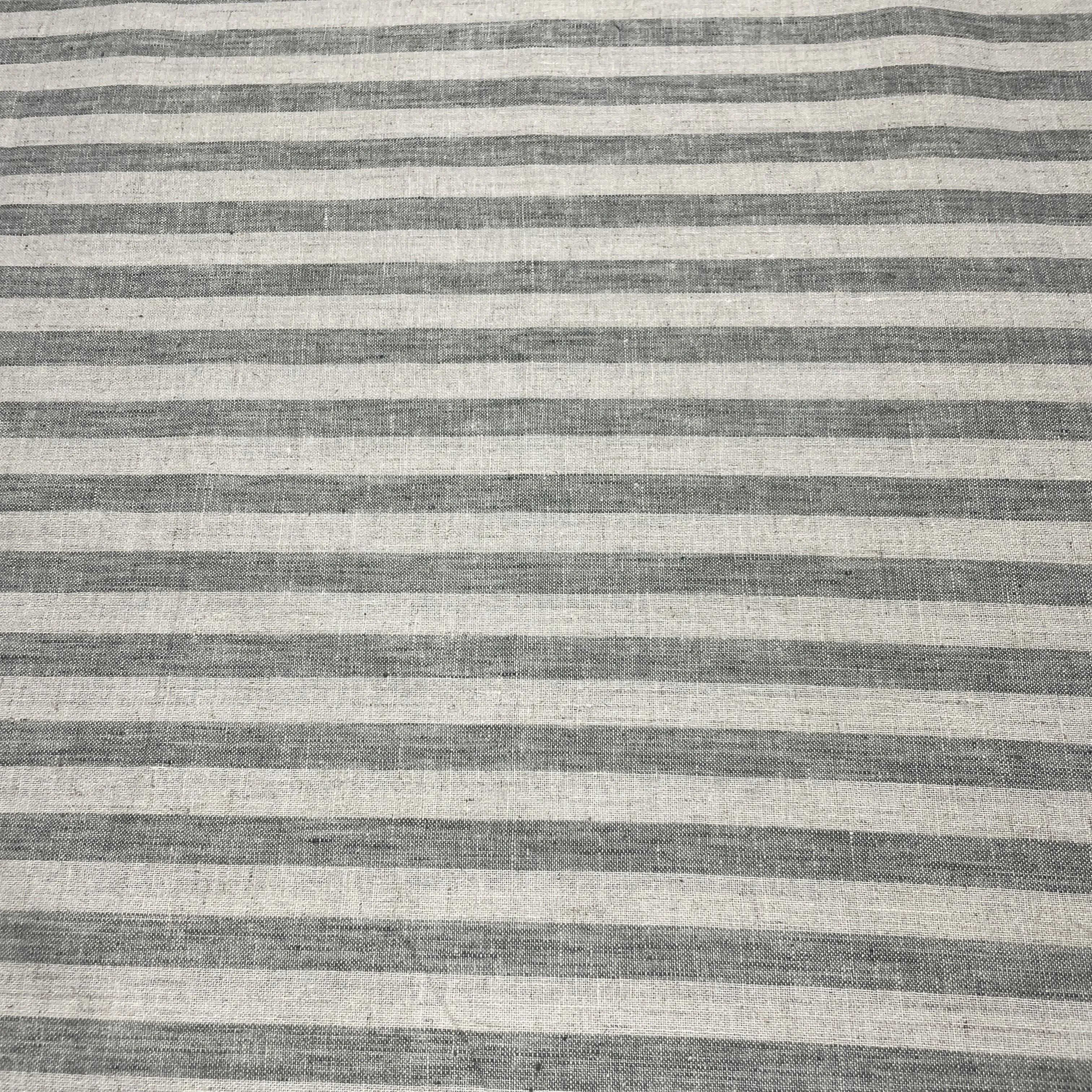 Off White Green Stripes Print Cotton Linen Fabric 18442