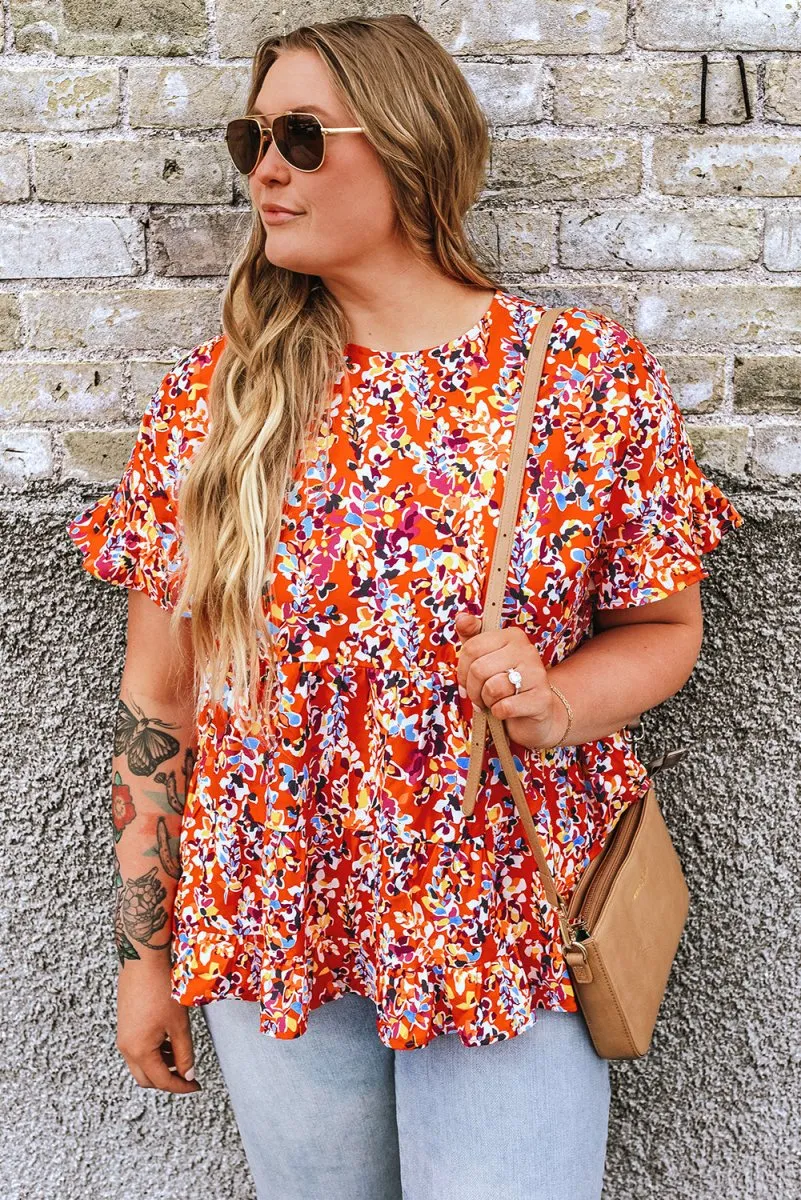 Orange Floral Ruffled Plus Size Babydoll Blouse