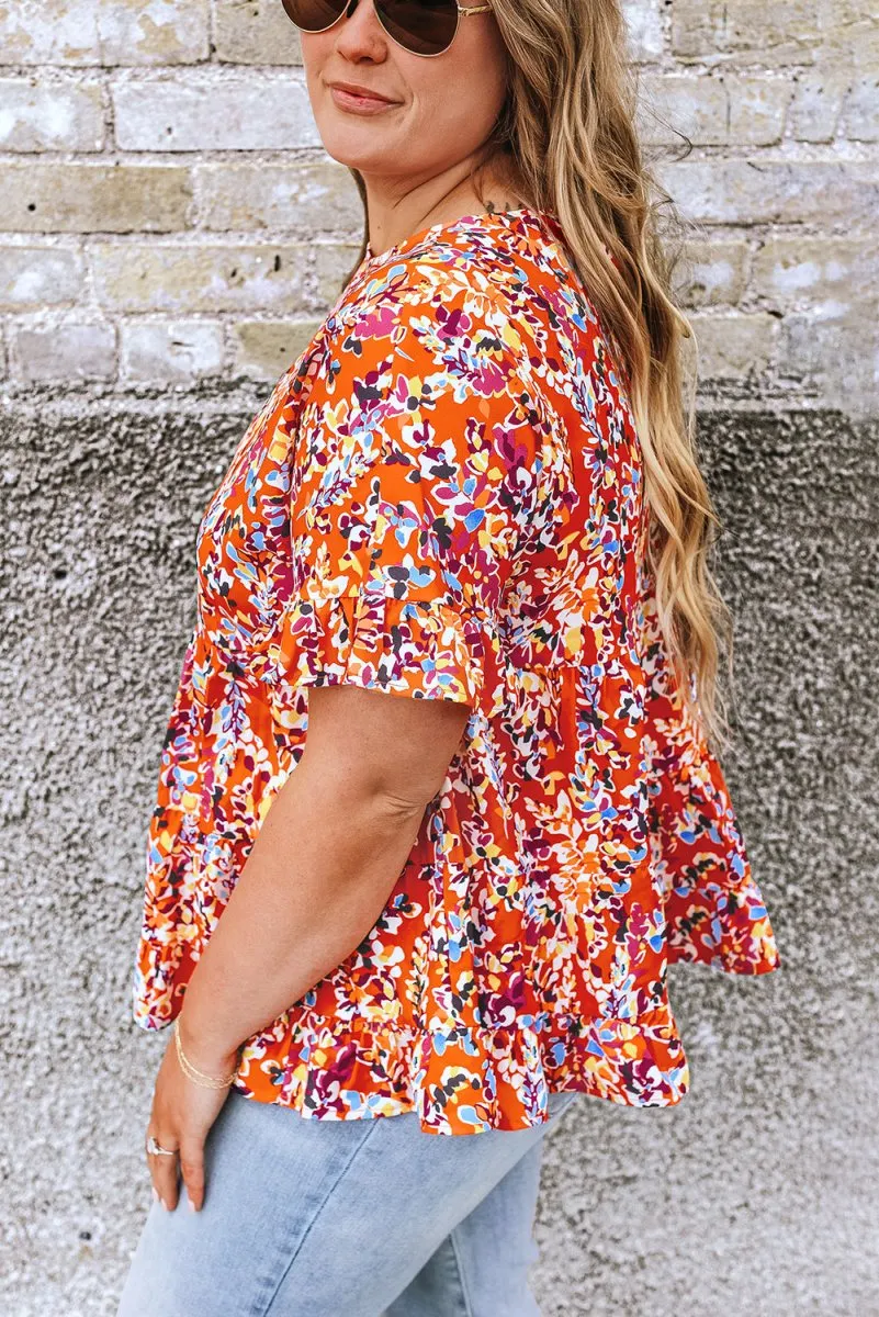 Orange Floral Ruffled Plus Size Babydoll Blouse