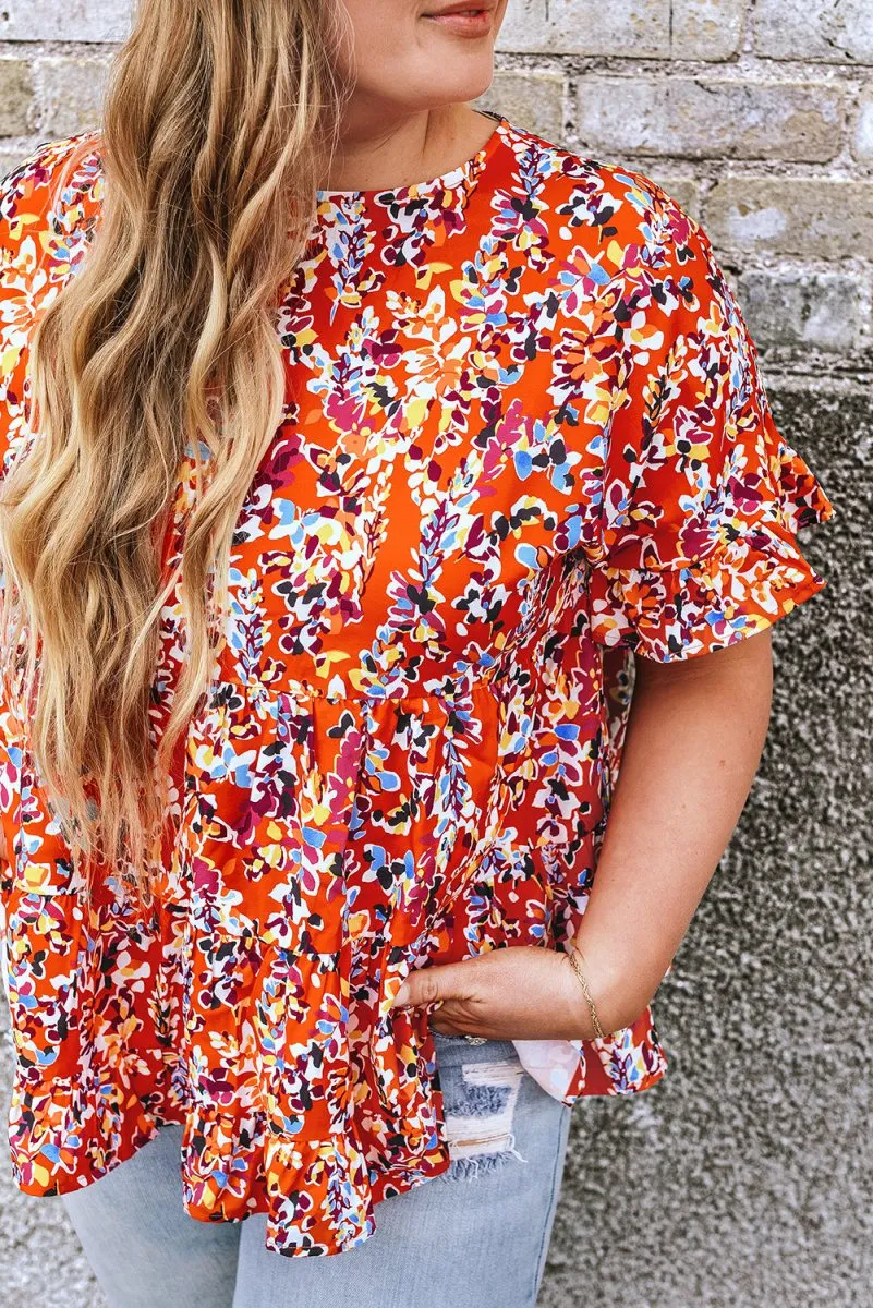 Orange Floral Ruffled Plus Size Babydoll Blouse