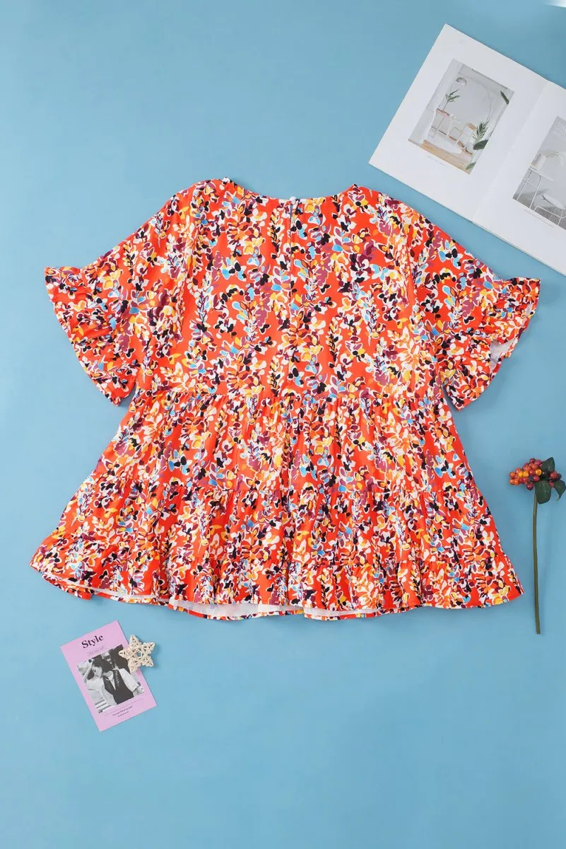 Orange Floral Ruffled Plus Size Babydoll Blouse