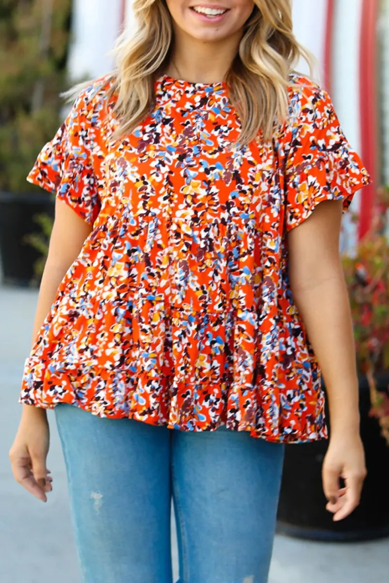 Orange Floral Ruffled Plus Size Babydoll Blouse